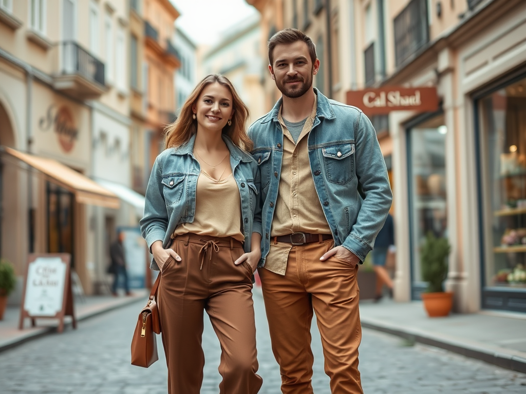 O pereche tânără zâmbitoare pozează pe o stradă pitorească, îmbrăcată în haine casual, admirând atmosfera orașului.