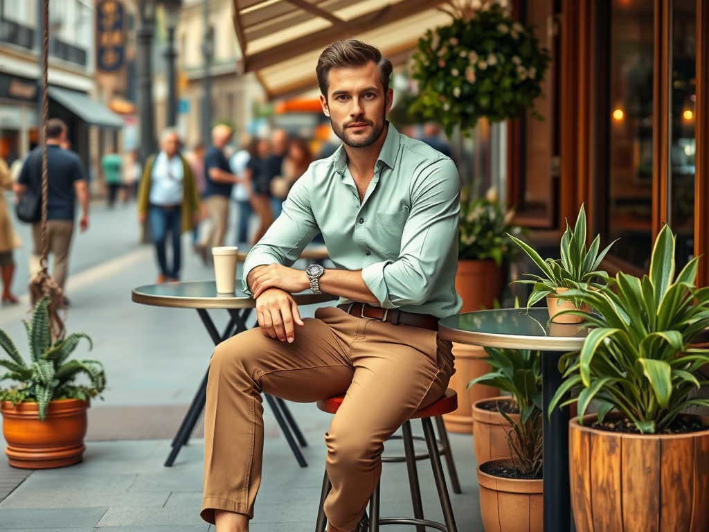 Un bărbat elegant stă la o masă de cafea, cu o cană în față, pe o stradă aglomerată, înconjurat de plante.