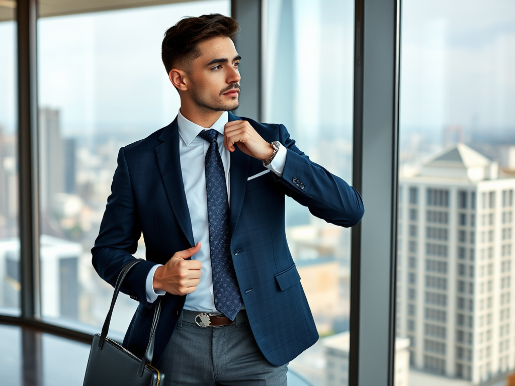 Bărbat îmbrăcat elegant, stând lângă feronerie, privind în depărtare, cu o geantă în mână.